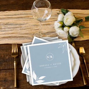 Dusty Blue Minimalist Branch Leaves Initials Logo Napkin