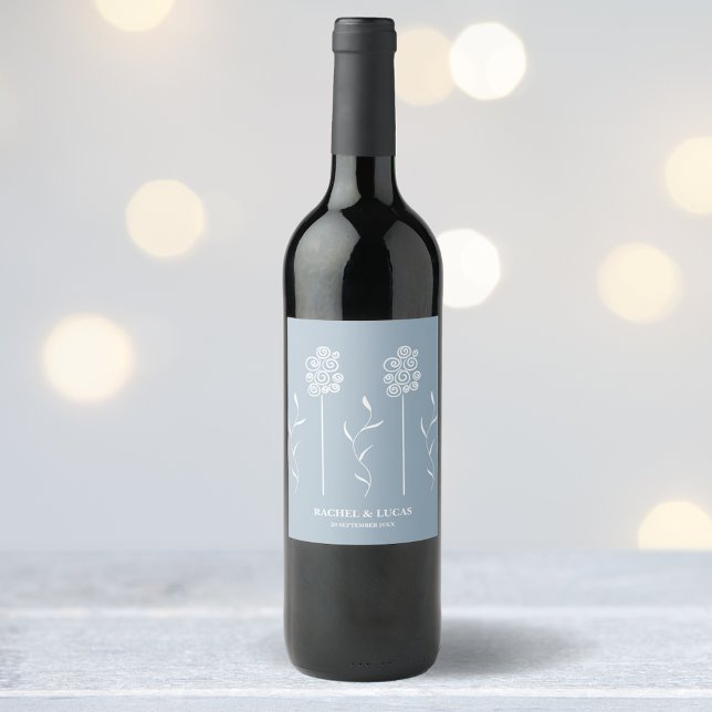 Dusty Blue Minimalist Curly Floral Wine Label (Creator Uploaded)