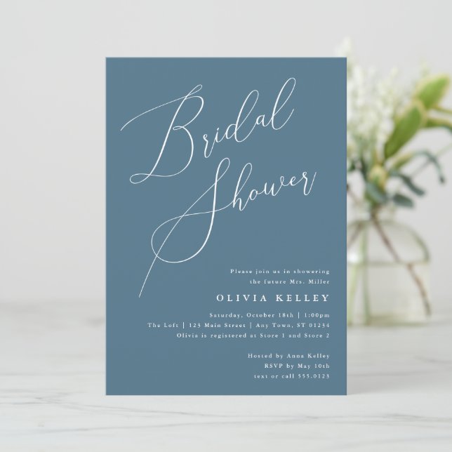 Dusty Blue Minimalist Elegant Bridal Shower Invitation (Standing Front)