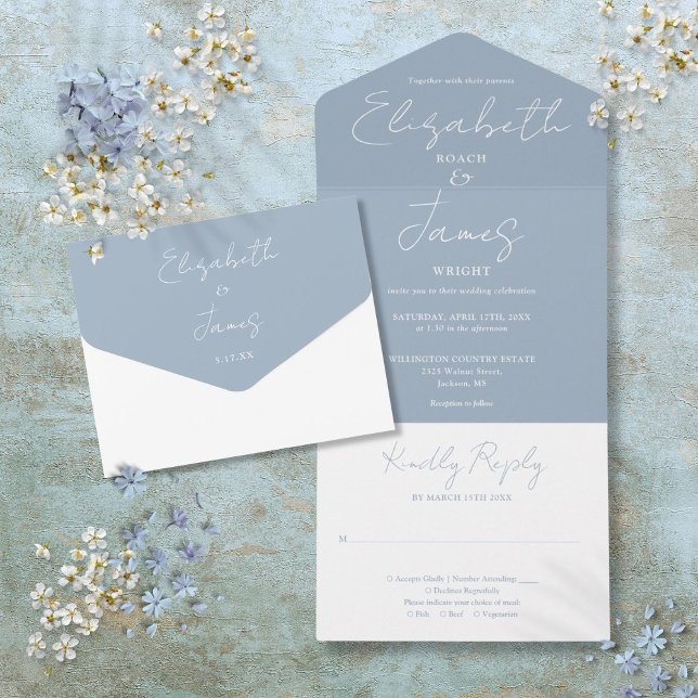 Dusty Blue Minimalist Elegant Script Wedding All In One Invitation (Dusty Blue Minimalist Elegant Script Wedding All In One Invitation)