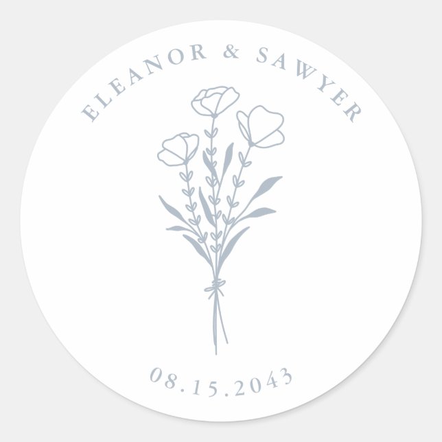 Dusty Blue Minimalist Floral Bouquet Wedding Classic Round Sticker (Front)