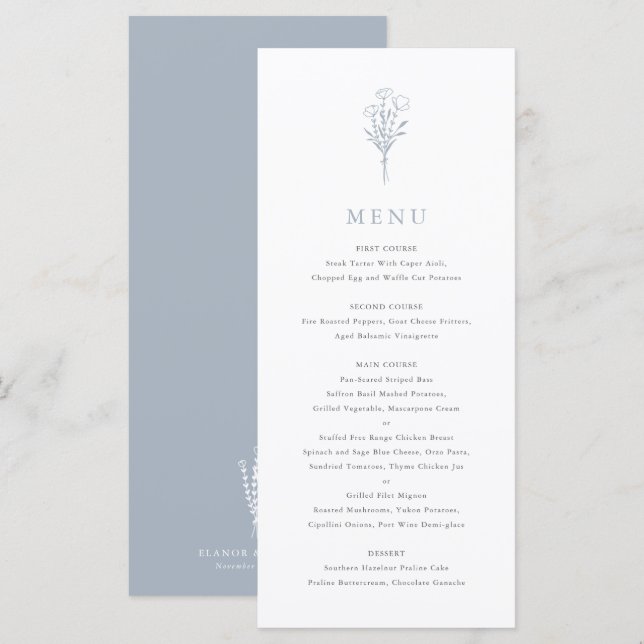Dusty Blue Minimalist Floral Bouquet Wedding Menu (Front/Back)
