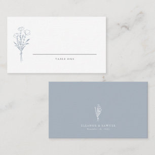 Dusty Blue Minimalist Floral Bouquet Wedding  Place Card