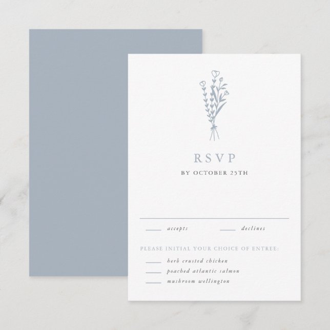Dusty Blue Minimalist Floral Bouquet Wedding RSVP Card (Front/Back)