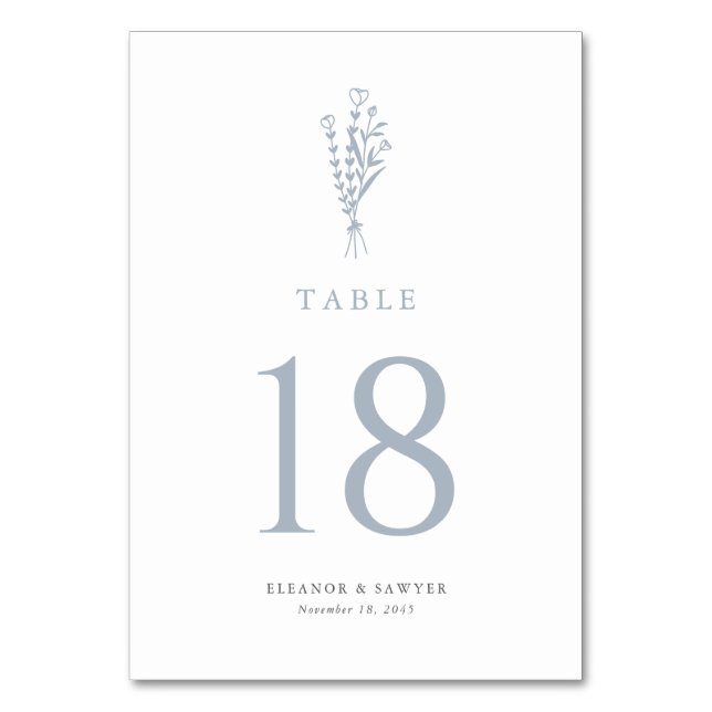 Dusty Blue Minimalist Floral Bouquet Wedding Table Number (Front)