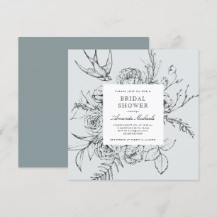 Dusty Blue Minimalist Floral Line Bridal Shower Invitation
