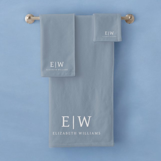 Dusty Blue Minimalist Modern Monogram Elegant Bath Towel Set (Creator Uploaded)