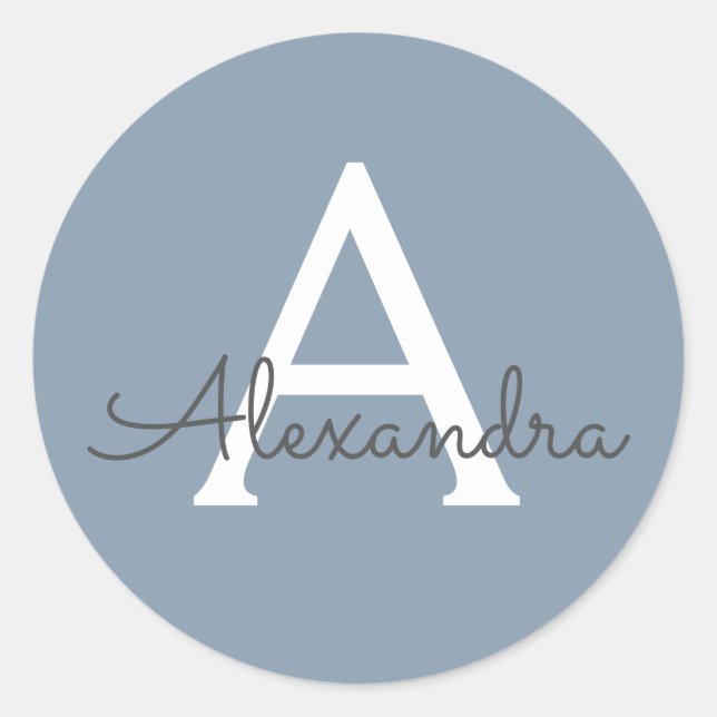Dusty Blue Minimalist Modern Monogram Elegant  Classic Round Sticker (Front)