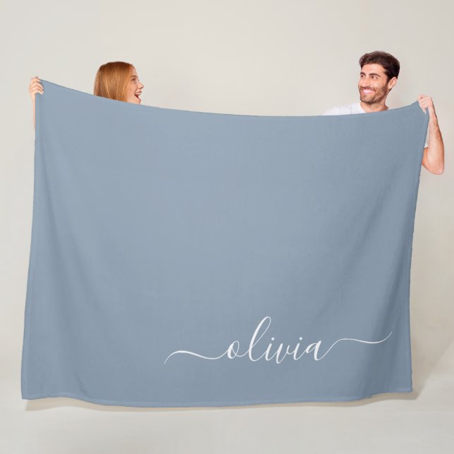 Dusty Blue Minimalist Modern Monogram Elegant  Fleece Blanket (In Situ)