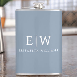 Dusty Blue Minimalist Modern Monogram Elegant Hip Flask