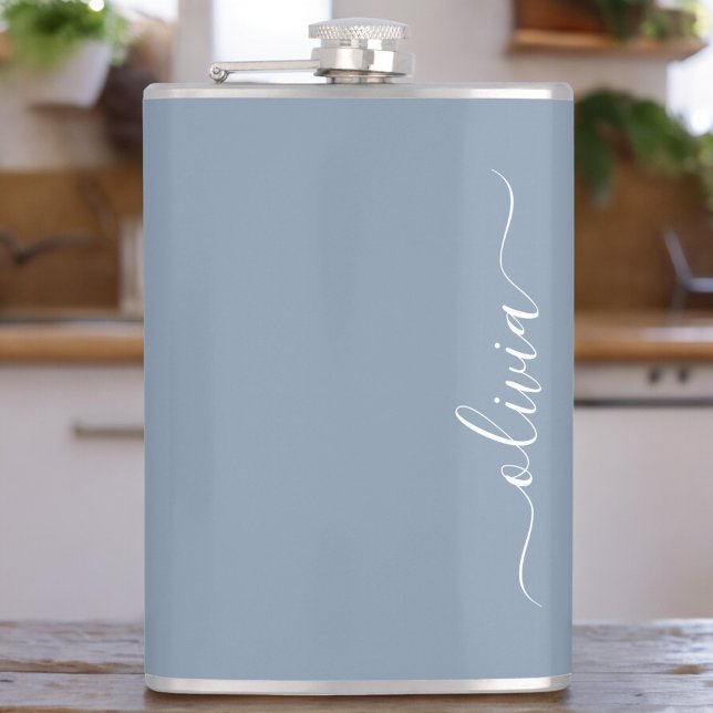 Dusty Blue Minimalist Modern Monogram Elegant Hip Flask (Creator Uploaded)
