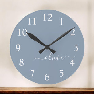 Dusty Blue Minimalist Modern Monogram Elegant  Large Clock