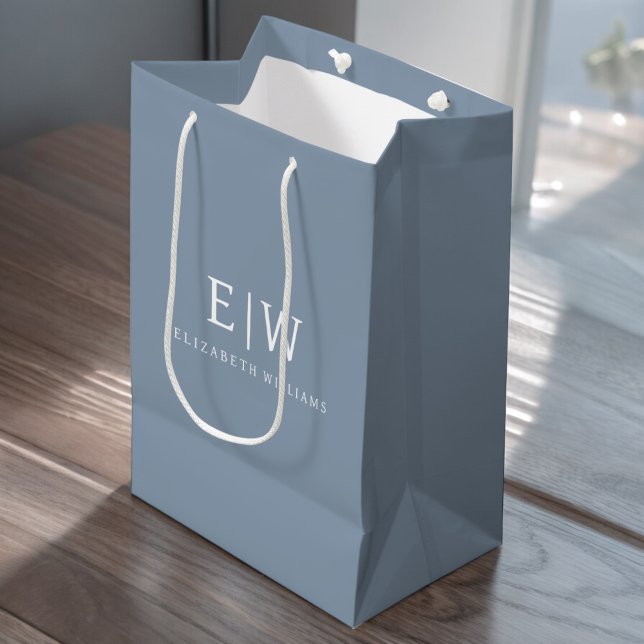 Dusty Blue Minimalist Modern Monogram Elegant Medium Gift Bag (Creator Uploaded)