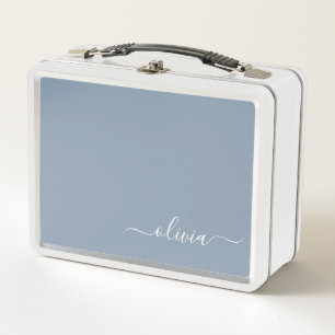 Dusty Blue Minimalist Modern Monogram Elegant Metal Lunch Box