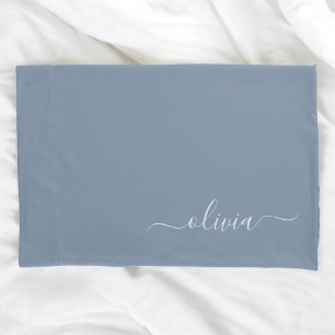 Dusty Blue Minimalist Modern Monogram Elegant Pillowcase