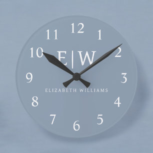 Dusty Blue Minimalist Modern Monogram Elegant Round Clock
