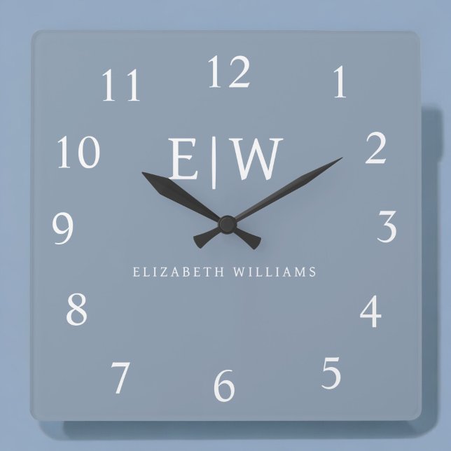 Dusty Blue Minimalist Modern Monogram Elegant Square Wall Clock (Creator Uploaded)