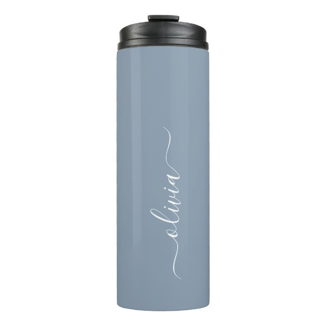 Dusty Blue Minimalist Modern Monogram Elegant Thermal Tumbler (Front)