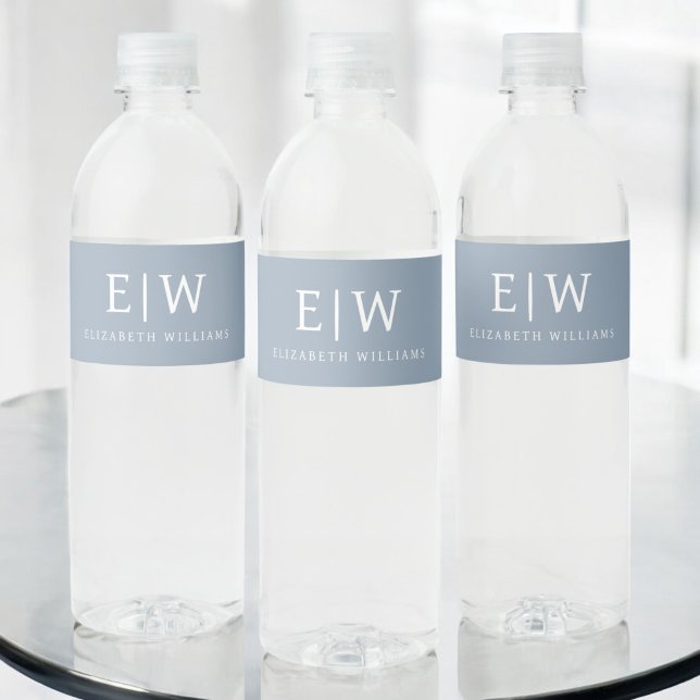 Dusty Blue Minimalist Modern Monogram Elegant Water Bottle Label (Creator Uploaded)