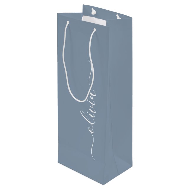 Dusty Blue Minimalist Modern Monogram Elegant Wine Gift Bag (Back Angled)