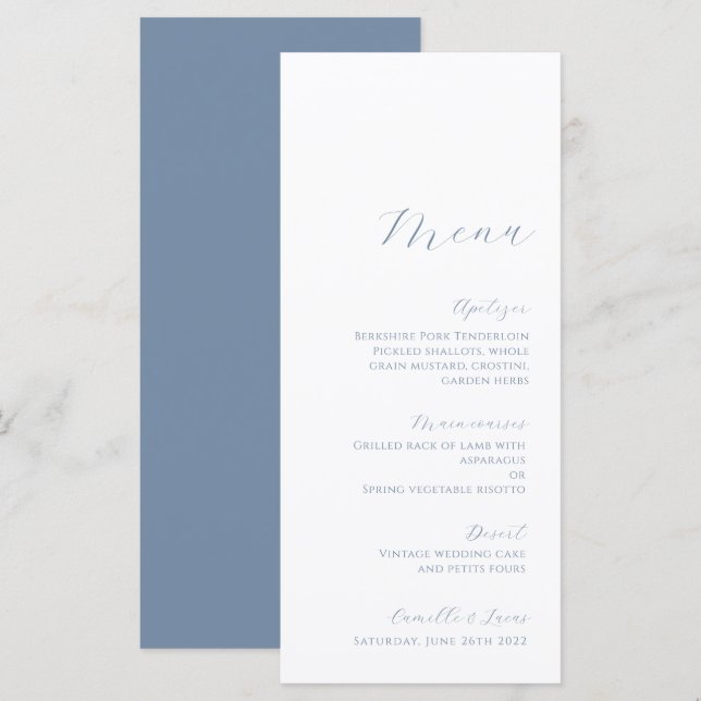 Dusty Blue Minimalist Modern Wedding Menu (Front/Back)
