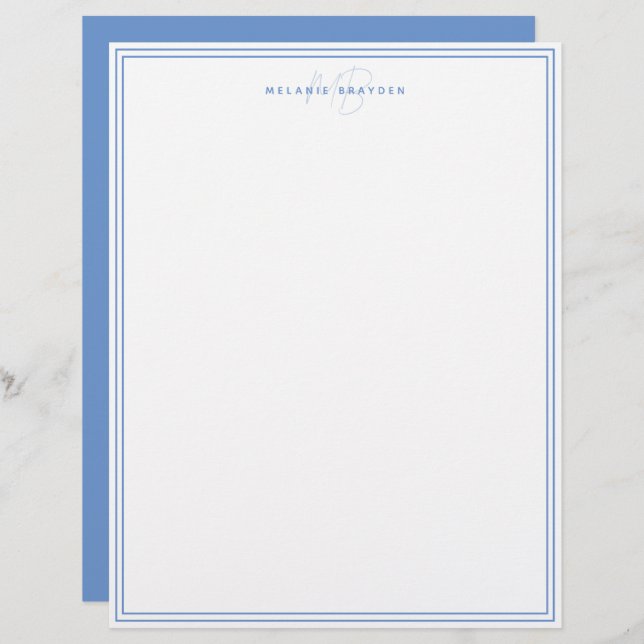 Dusty Blue Minimalist Monogram Two Border Custom Letterhead (Front/Back)
