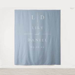 Dusty Blue Minimalist Monogram Wedding Backdrop Tapestry