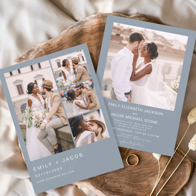Dusty Blue Minimalist Photo Five Photo Wedding Invitation (Creator Uploaded)