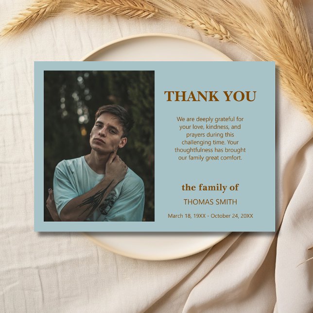Dusty Blue Minimalist Photo Funeral Sympathy Thank You Card (Creator Uploaded)