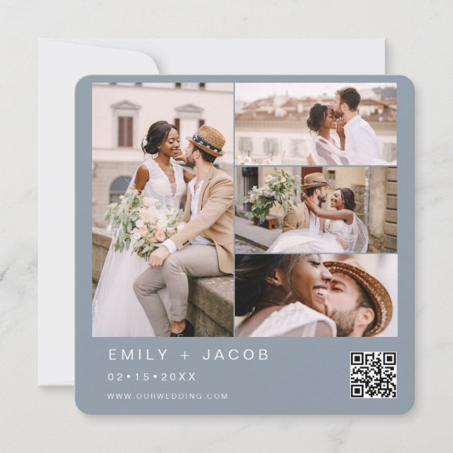 Dusty Blue Minimalist Photo QR code Wedding Invitation (Front)