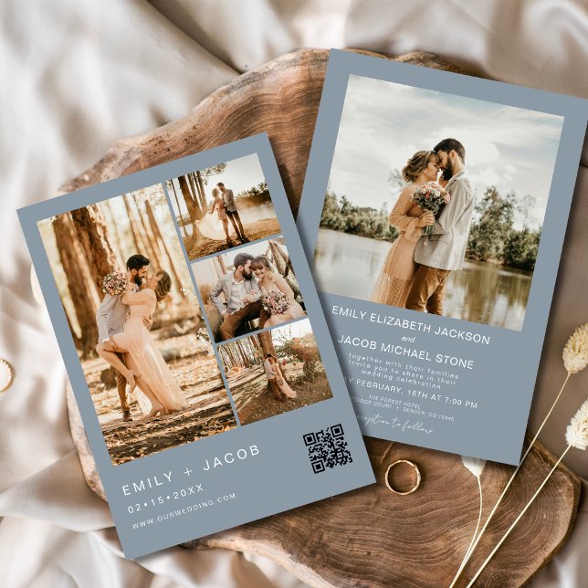 Dusty Blue Minimalist Photo QR code Wedding Invitation (Creator Uploaded)