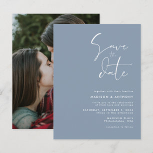 Dusty Blue Minimalist Save the Date Wedding Photo Invitation Postcard