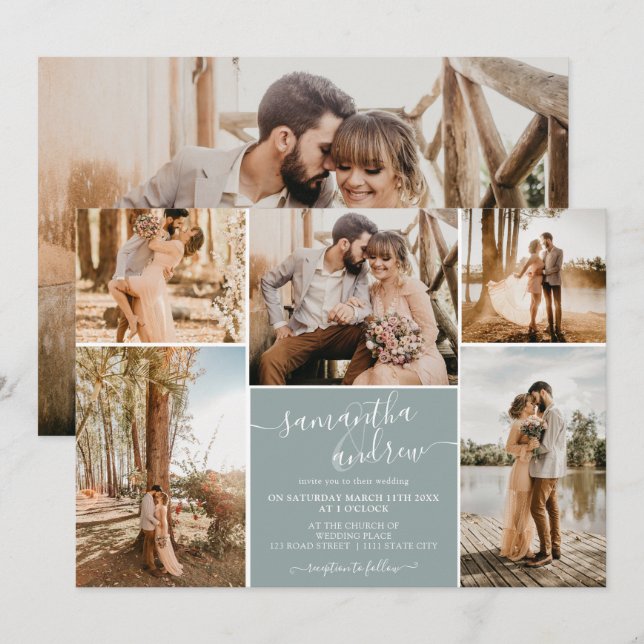 Dusty blue minimalist script 6 photos wedding invitation (Front/Back)