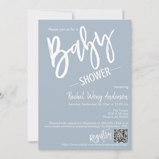 Dusty Blue Minimalist Script Baby Shower QR Code Invitation (Front)