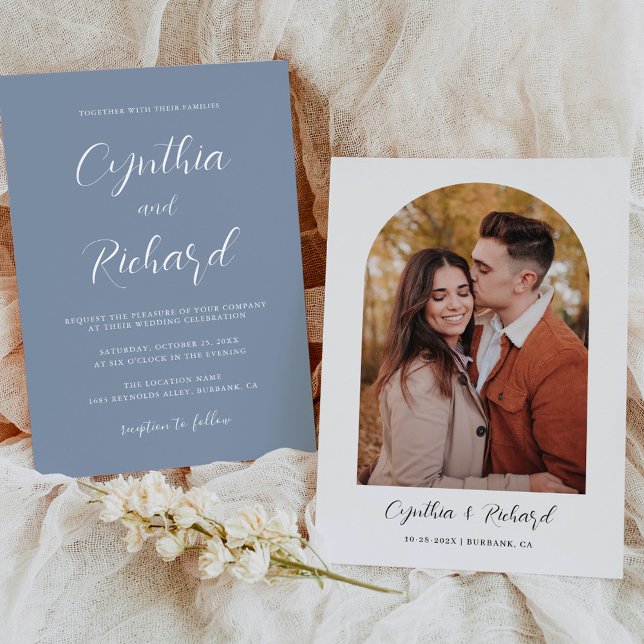 Dusty Blue Minimalist Script Photo Wedding Invitation (Creator Uploaded)