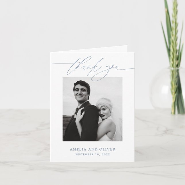 Dusty Blue Minimalist Script Photo Wedding Thank You Card (Front)