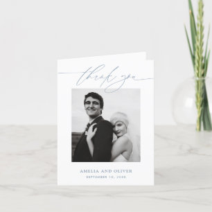 Dusty Blue Minimalist Script Photo Wedding Thank You Card