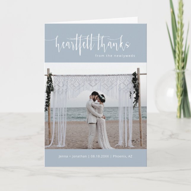 Dusty Blue Minimalist Script Wedding Photo Folded Thank You Card (Front)