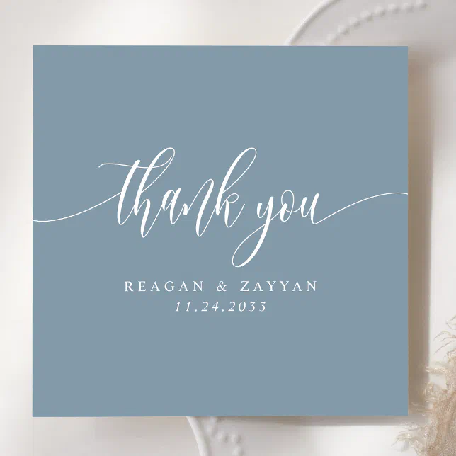 Dusty Blue Minimalist Script Wedding Thank You Card | Zazzle
