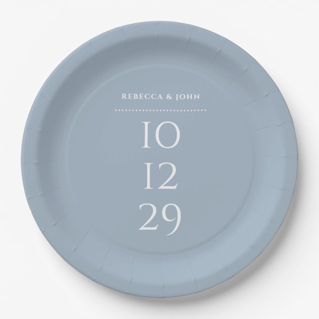 Dusty Blue Minimalist Special Date Wedding Paper Plate (Front)