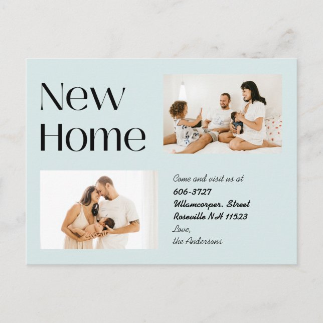 Dusty Blue Minimalist Two Photo New Home Moving Announcement Postcard (Front)