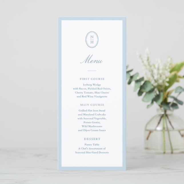 Dusty Blue Minimalist Wedding Monogram Flat Menu (Standing Front)