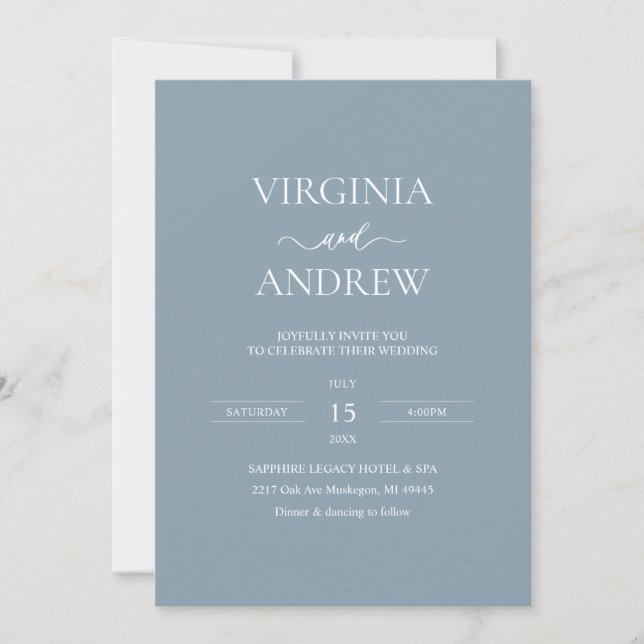 Dusty Blue Minimalist Wedding Monogram Invitation (Front)