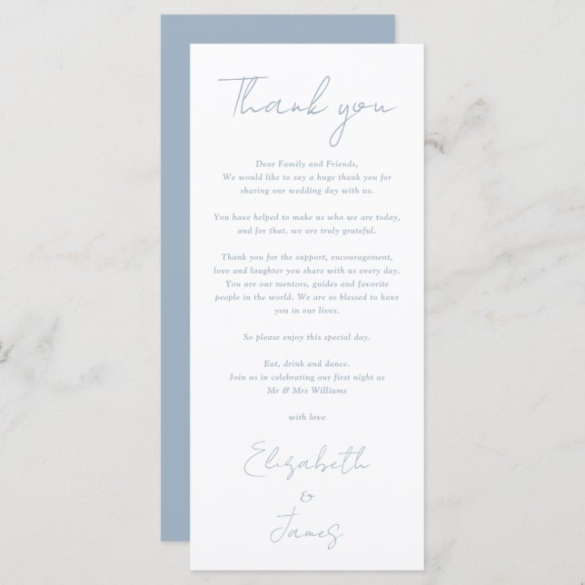 Dusty Blue Minimalist Wedding Thank You Place Card (Front/Back)