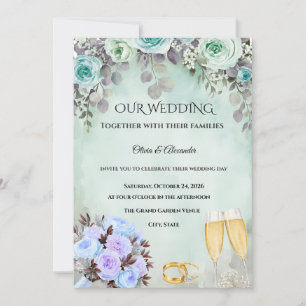 Dusty Blue Mint Green Floral Wedding Invitation