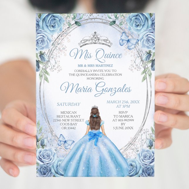 Dusty Blue Mis Quince Silver Floral Quinceañera Invitation (Creator Uploaded)