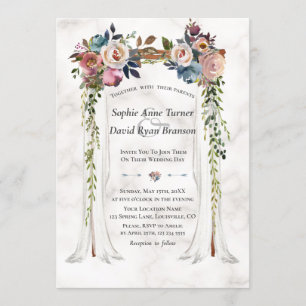 Dusty Blue Misty Flowers Canopy Marble Wedding Invitation