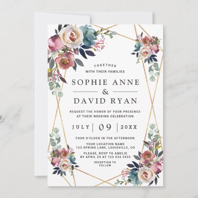 Dusty Blue Misty Rose Floral Gold Wedding Invitation (Front)