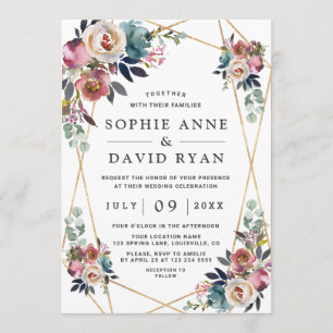 Dusty Blue Misty Rose Floral Gold Wedding Invitation