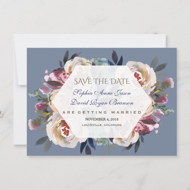 Dusty Blue Misty Rose Floral Save The Date (Front)